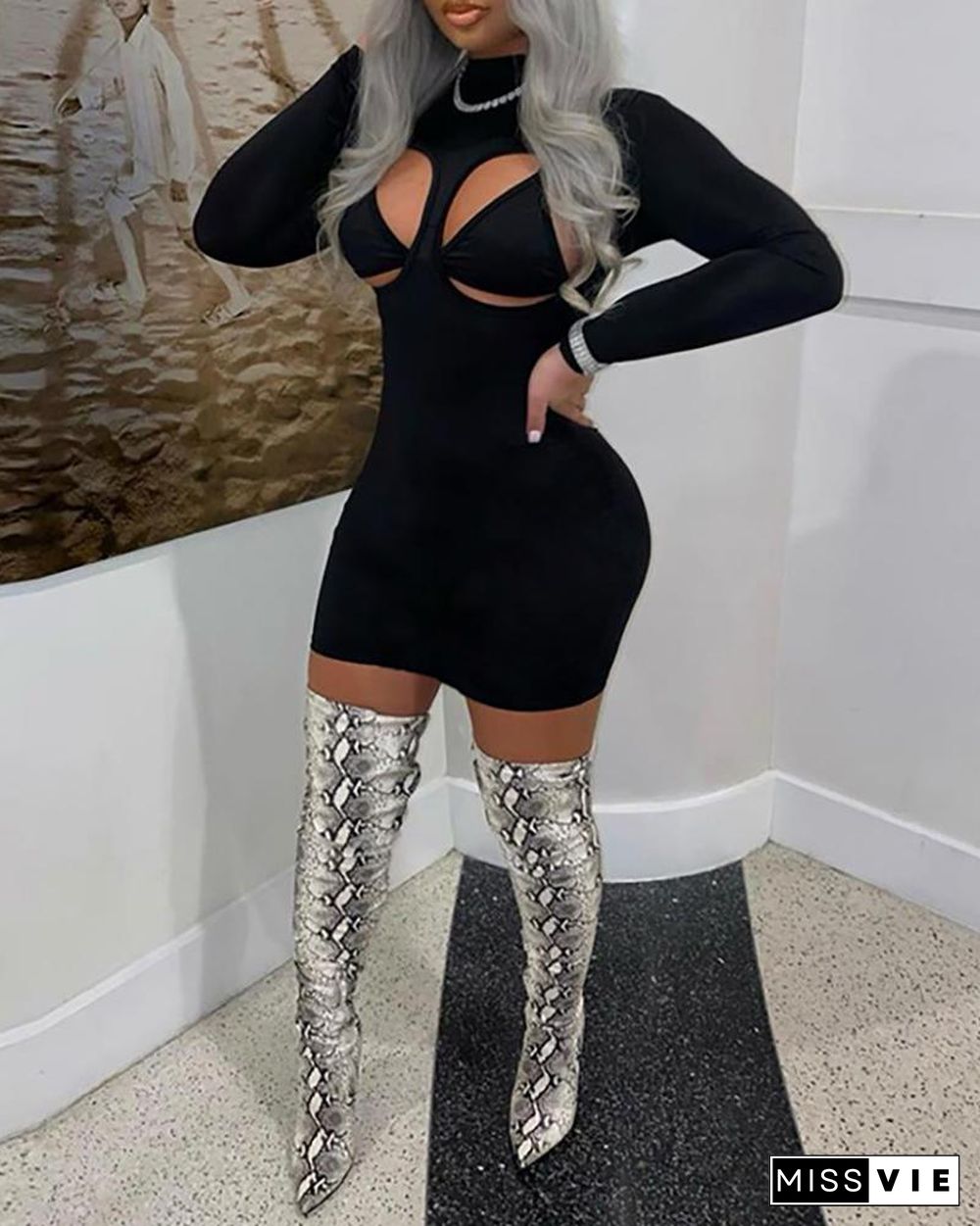 Cutout Front Long Sleeve Bodycon Dress