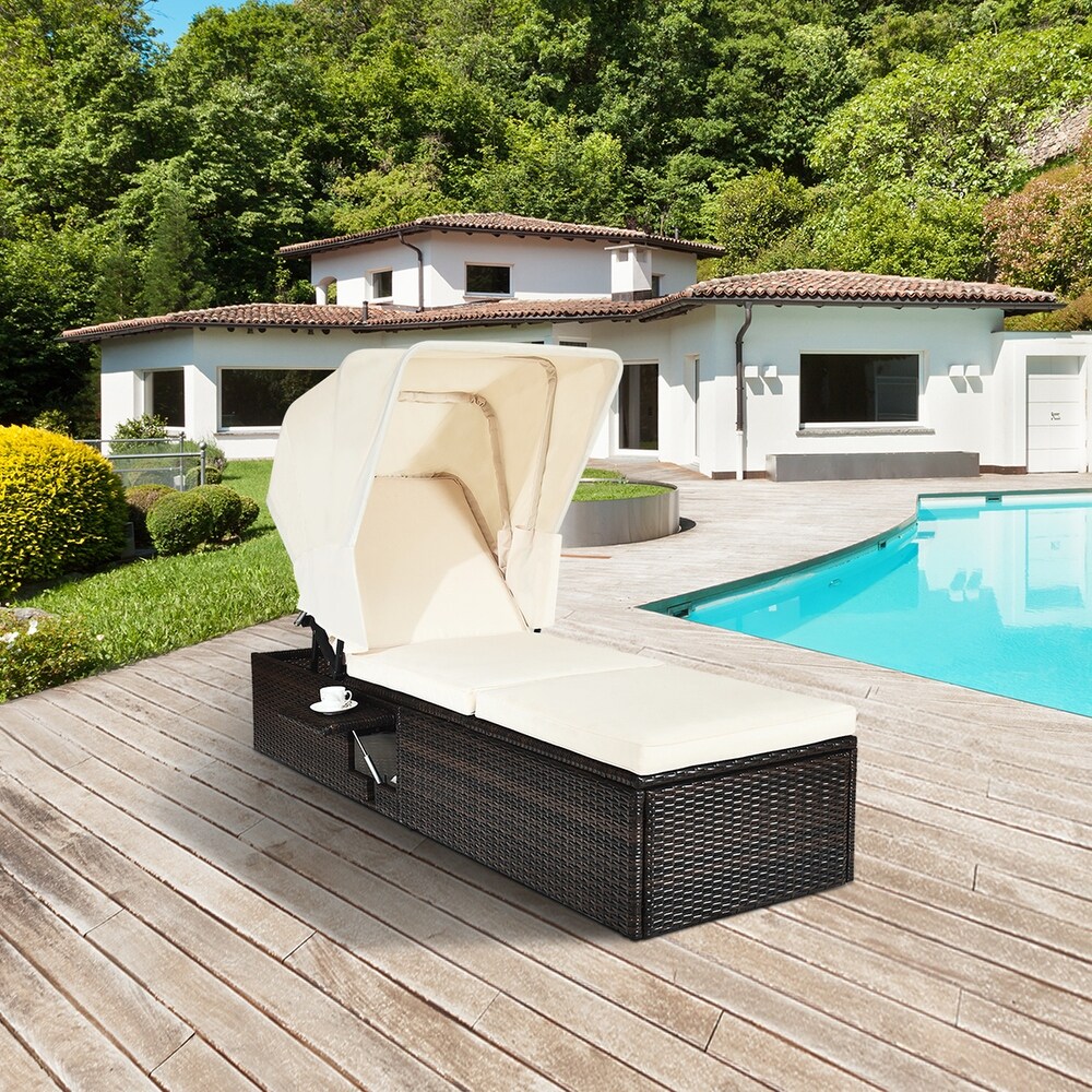 Gymax Rattan Chaise Lounge Cushioned Chair W/Adjustable Canopy Patio   See Details