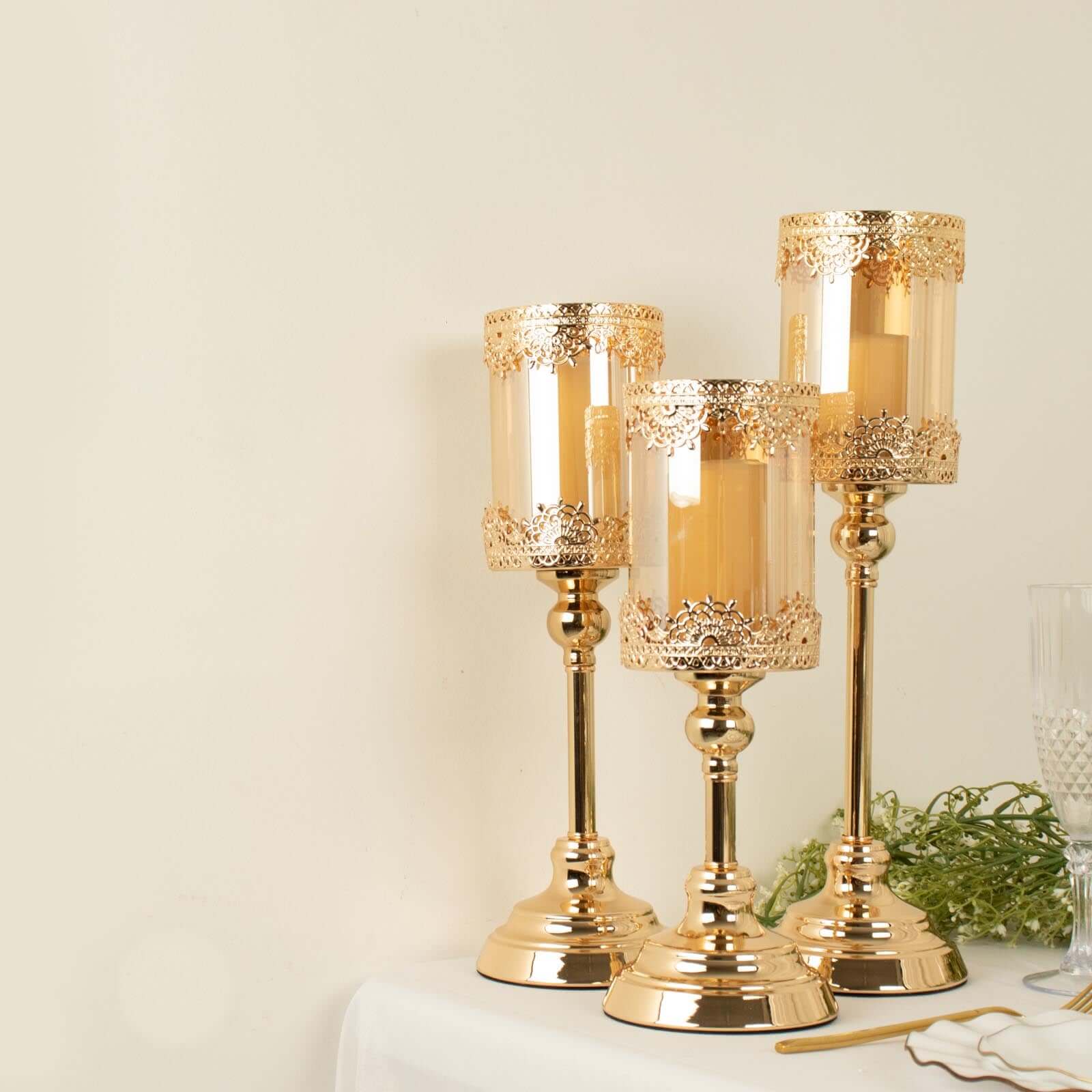 Set of 3 Antique Gold Lace Design Votive Candle Stands, Hurricane Glass Pillar Candle Holders 13