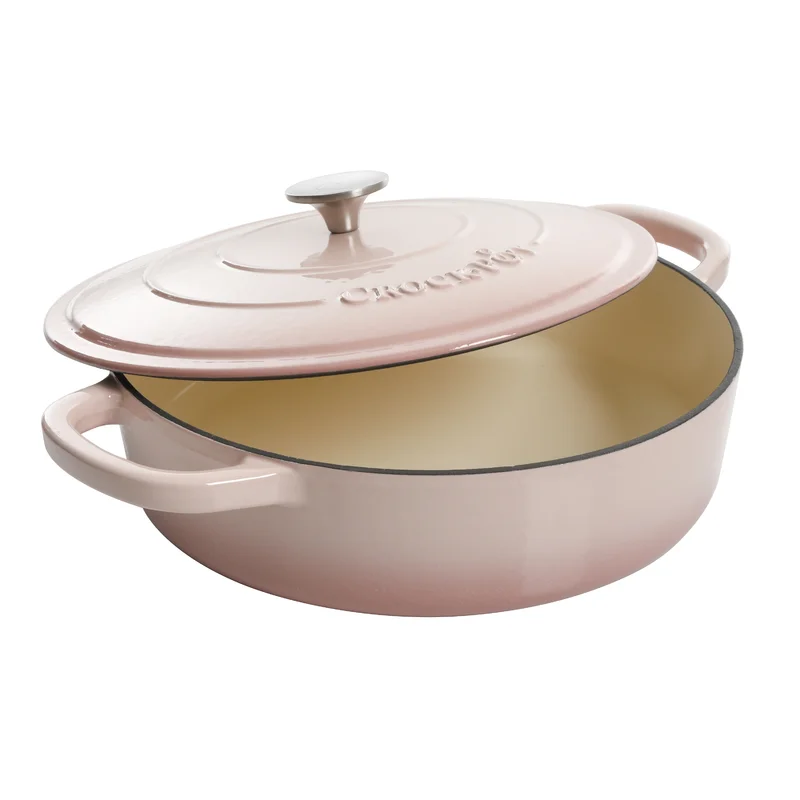 Crock-Pot Artisan 5 qt. Blush Pink Round Enameled Cast Iron Braiser Pan with Self Basting Lid