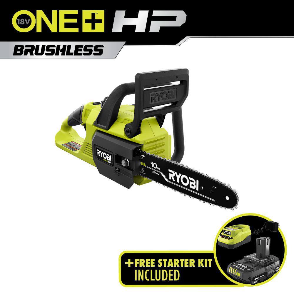 RYOBI ONE+ HP 18V Brushless 10 in. Chainsaw with ONE+ 18V 2.0 Ah Compact Battery and Charger P2502BTL-PSK005