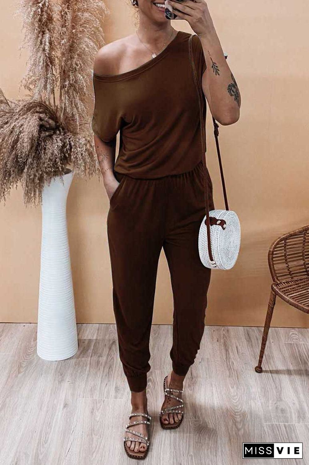 Solid Color Short Sleeve Pocket One Piece Jumpsuit