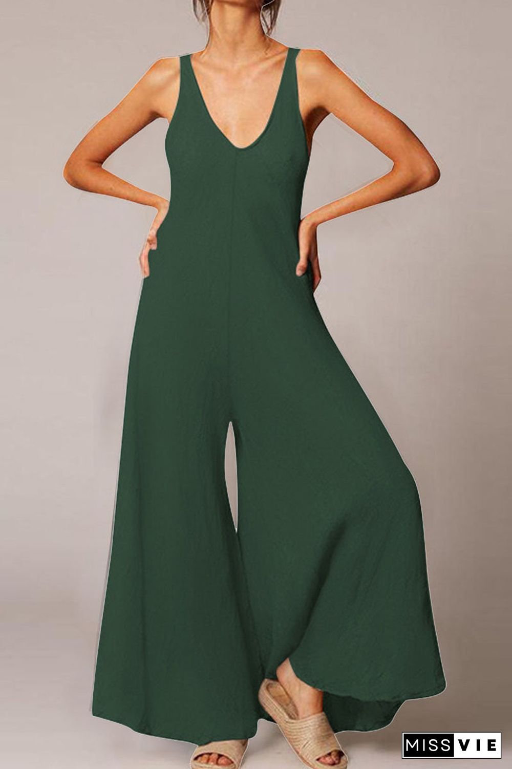 Fashion  Simplicity Solid V Neck Loose Jumpsuits