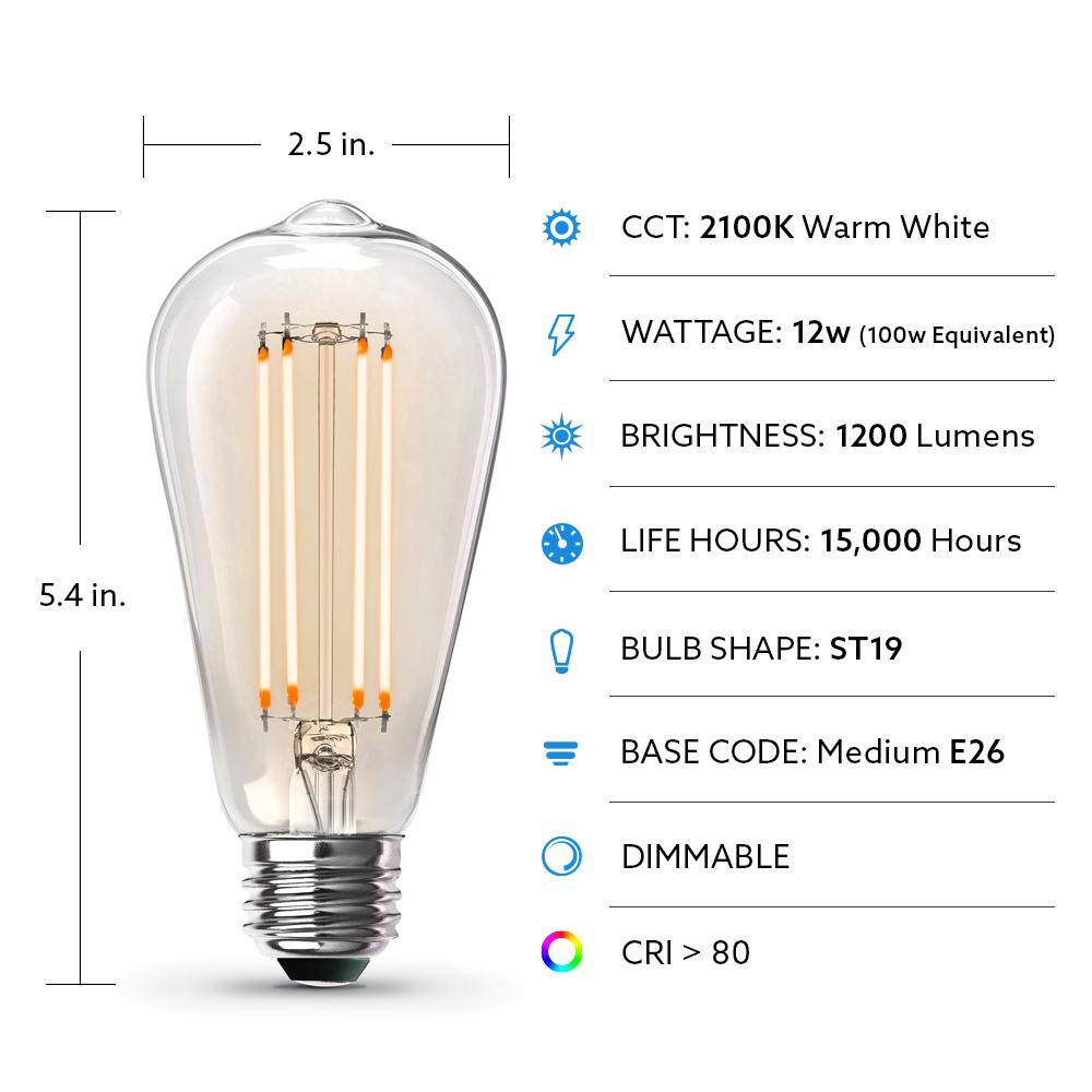 Feit Electric 100-Watt Equivalent ST19 Dimmable Straight Filament Clear Glass Vintage Edison LED Light Bulb Warm White (4-Pack) ST19100CLLED4