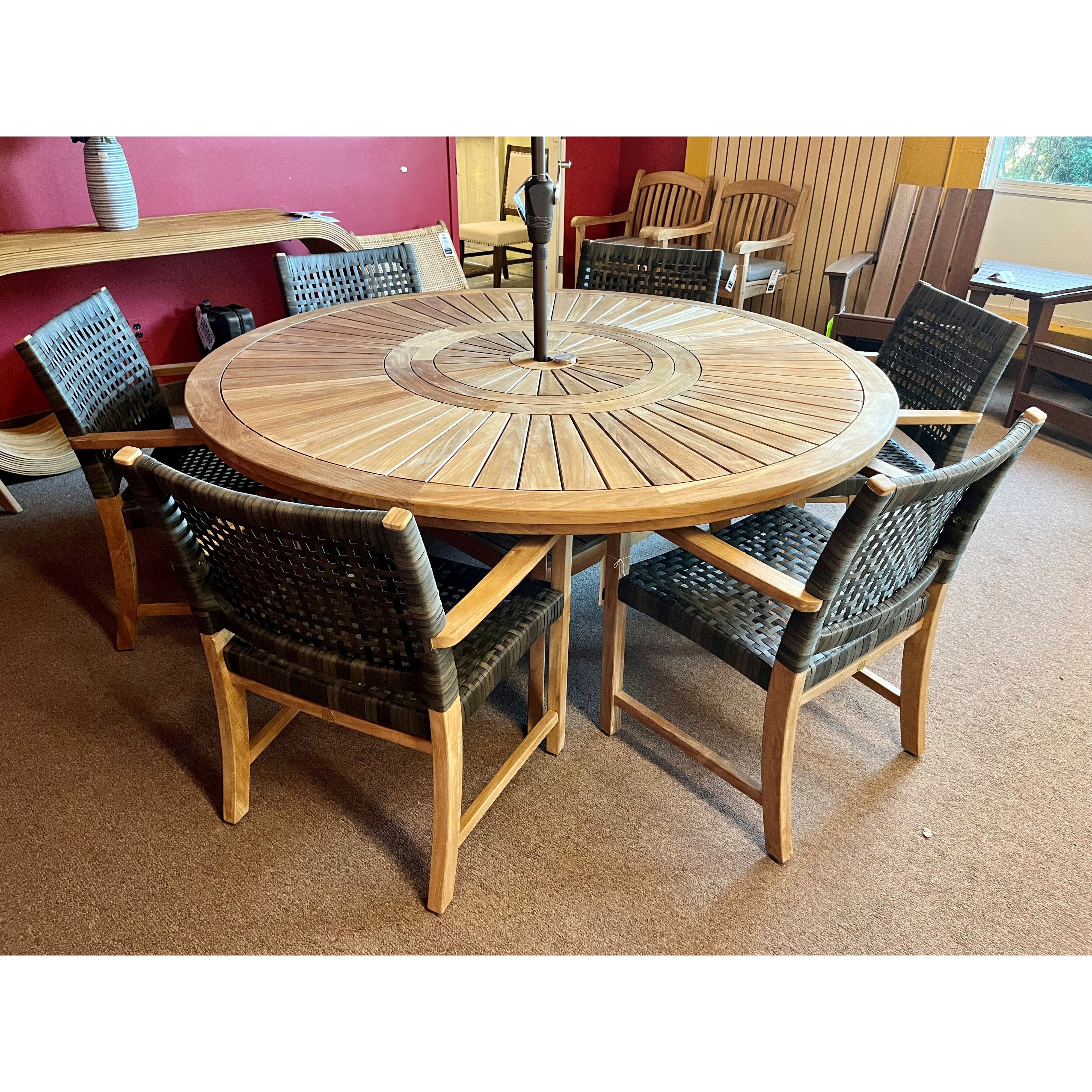 Komodo Teak 7pc Outdoor Dining Set (Teak 70 Round Table w Built-in Lazy Susan with 6 Woven Sanur Armchairs)