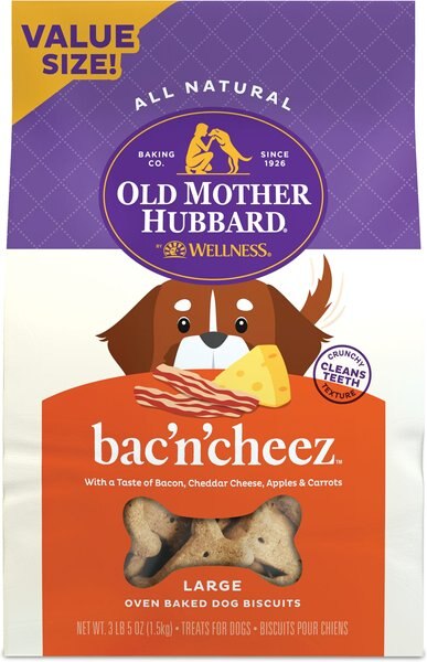 Old Mother Hubbard by Wellness Classic Bac'N'Cheez Natural Large Oven-Baked Biscuits Dog Treats， 3.3-lb bag