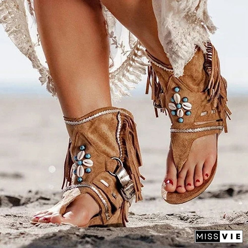 Women's Fashion Tassel Roman Boho Sandals Flock Retro Ankle Sandal Shoes Summer Flats Flip Flops Bohemian Beach Boot Shoes Plus Size