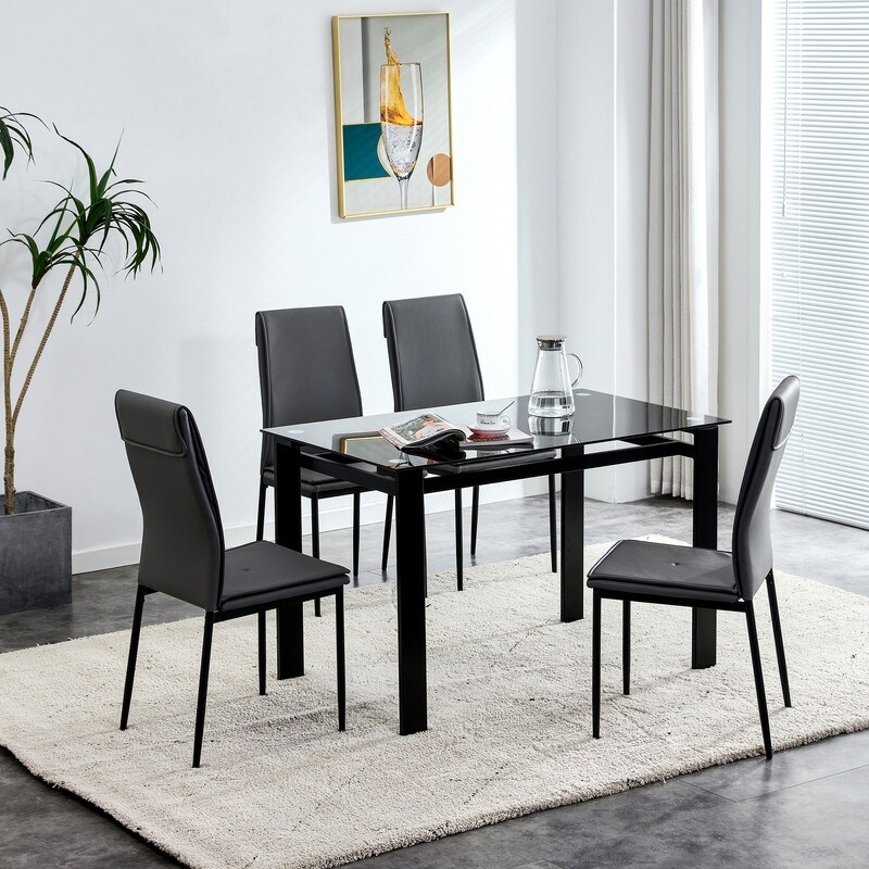 5 Piece Tempered Glass Dining Table Set for 4  Black