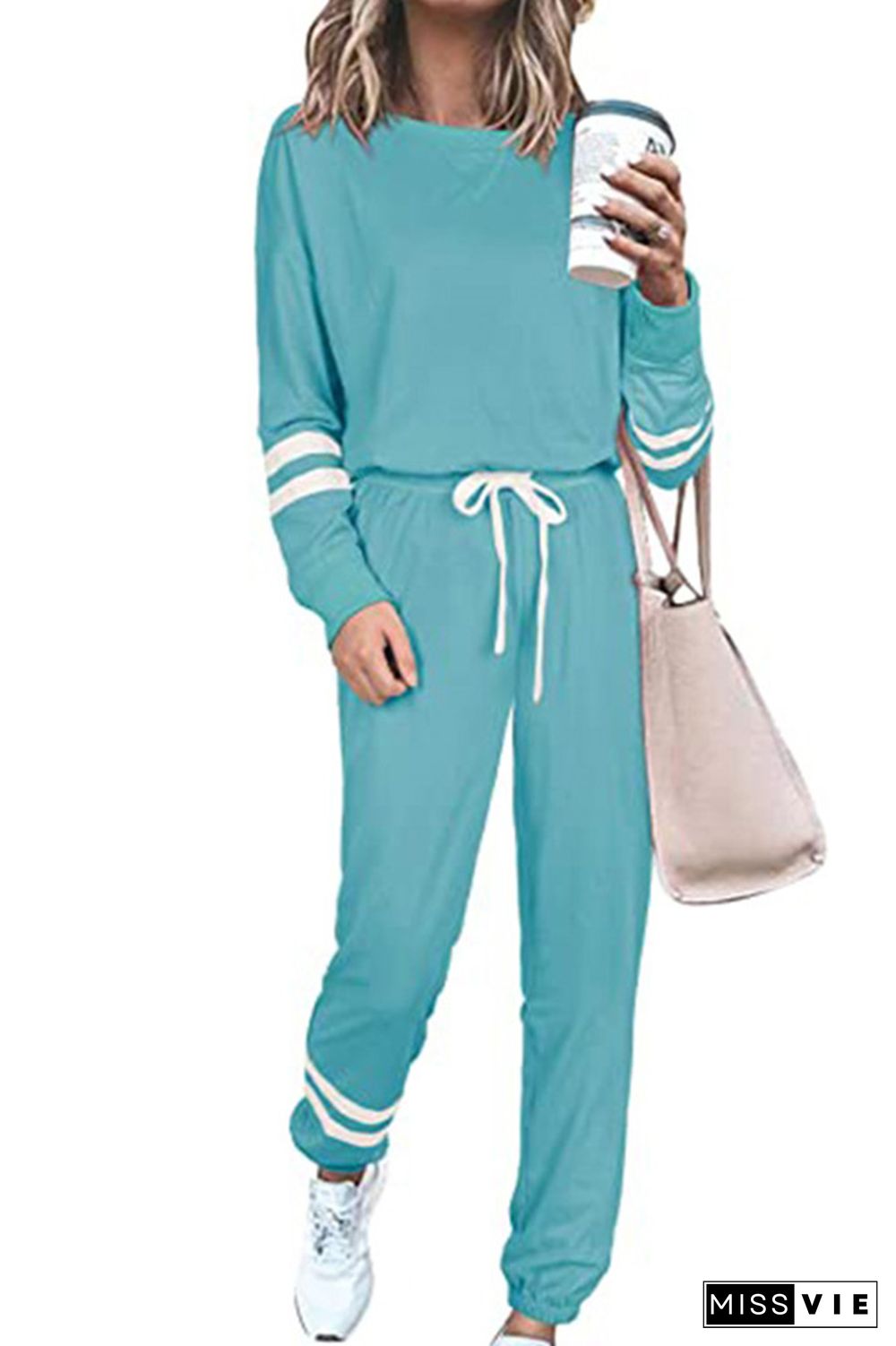 Light Blue Round Neck Long Sleeve Two Piece Pants Set