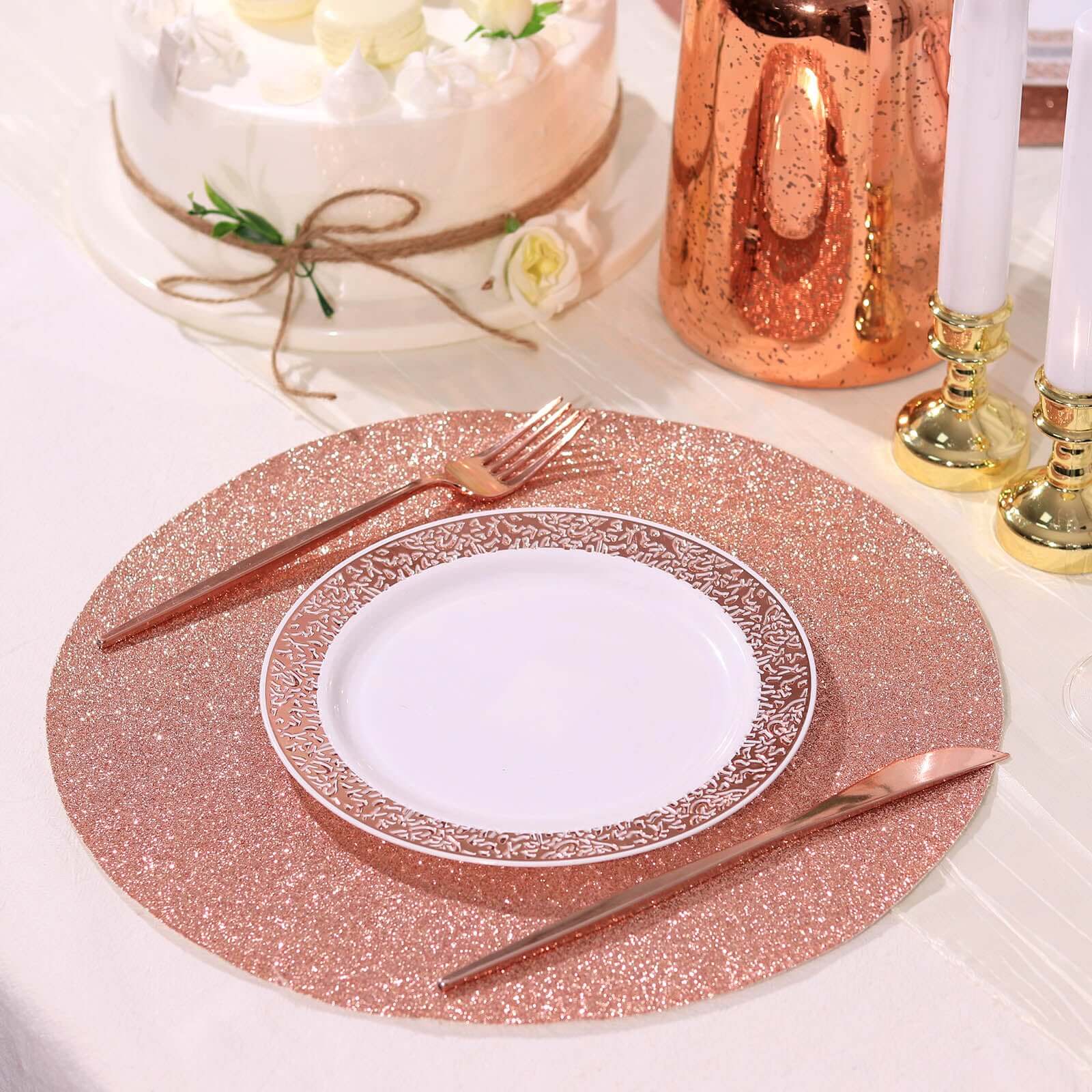 6 Pack Rose Gold Sparkle Placemats, Non Slip Decorative Round Glitter Table Mat