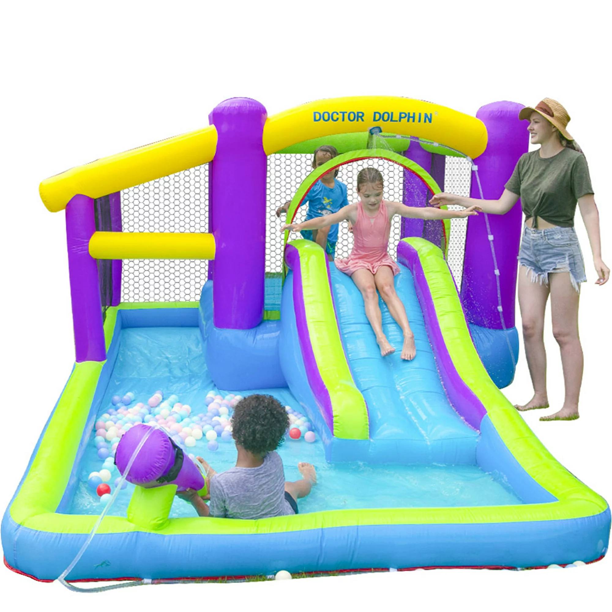 Kids Inflatable Water Slide, 5-in-1 Inflatable Water Bounce House with Pool/Slide/450W Blower/Ground Stake/Water Pipe, Indoor Slide Bounce Castle Jumping Castle for Fun