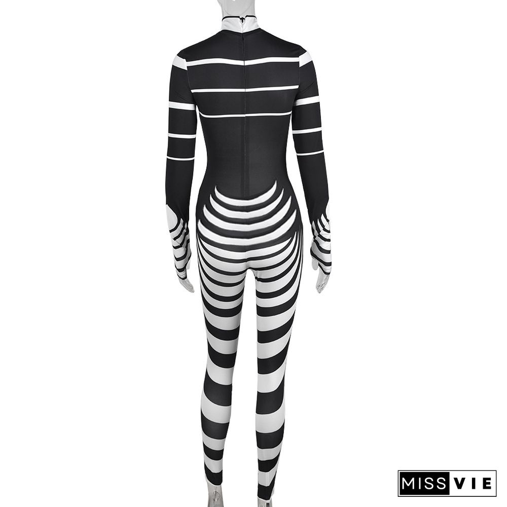 Cut Out Long Sleeve Stripe Print One Piece Jumpsuit