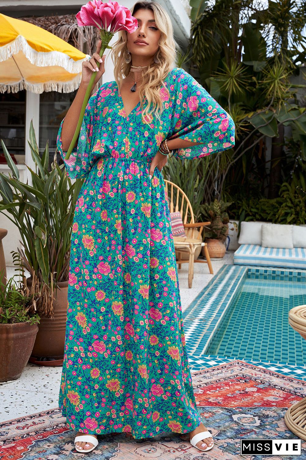 Green Boho Deep V Neck Floral Maxi Dress