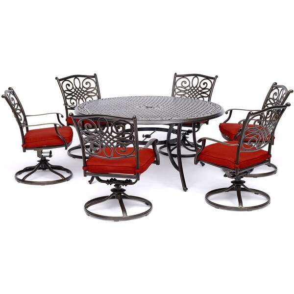 Hanover Traditions 7Piece Dining Set in Red with a 60 In. Round Casttop Table and Six Swivel Rockers