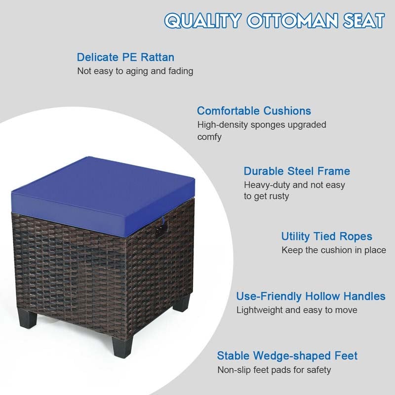 2 Pcs Rattan Patio Ottoman Set with Removable Cushions, All Weather Wicker Outdoor Footstool Footrest Seat