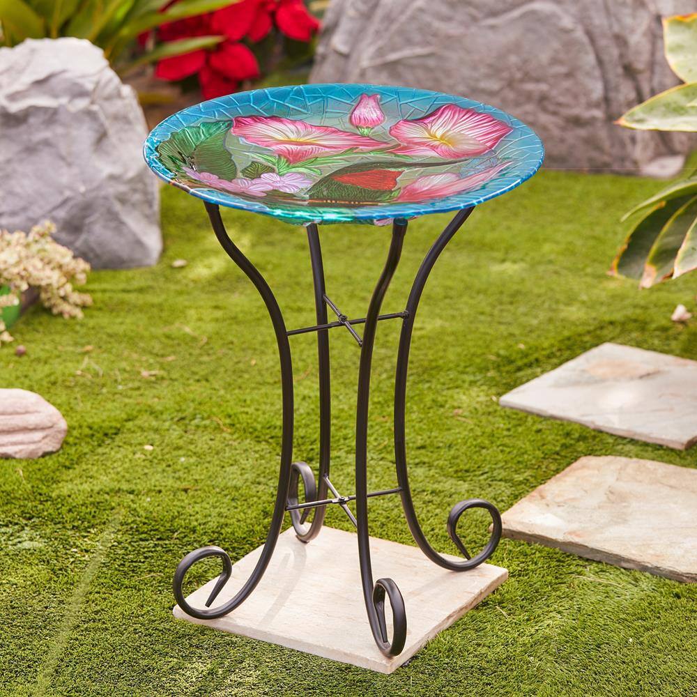 Luxen Home Hummingbird Floral Glass Bird Bath with Metal Stand WHP1521