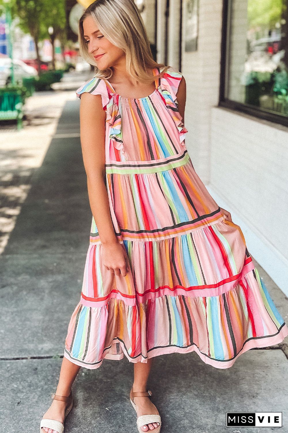 Pink Rainbow Stripe Ruffles Ruched Tiered Dress