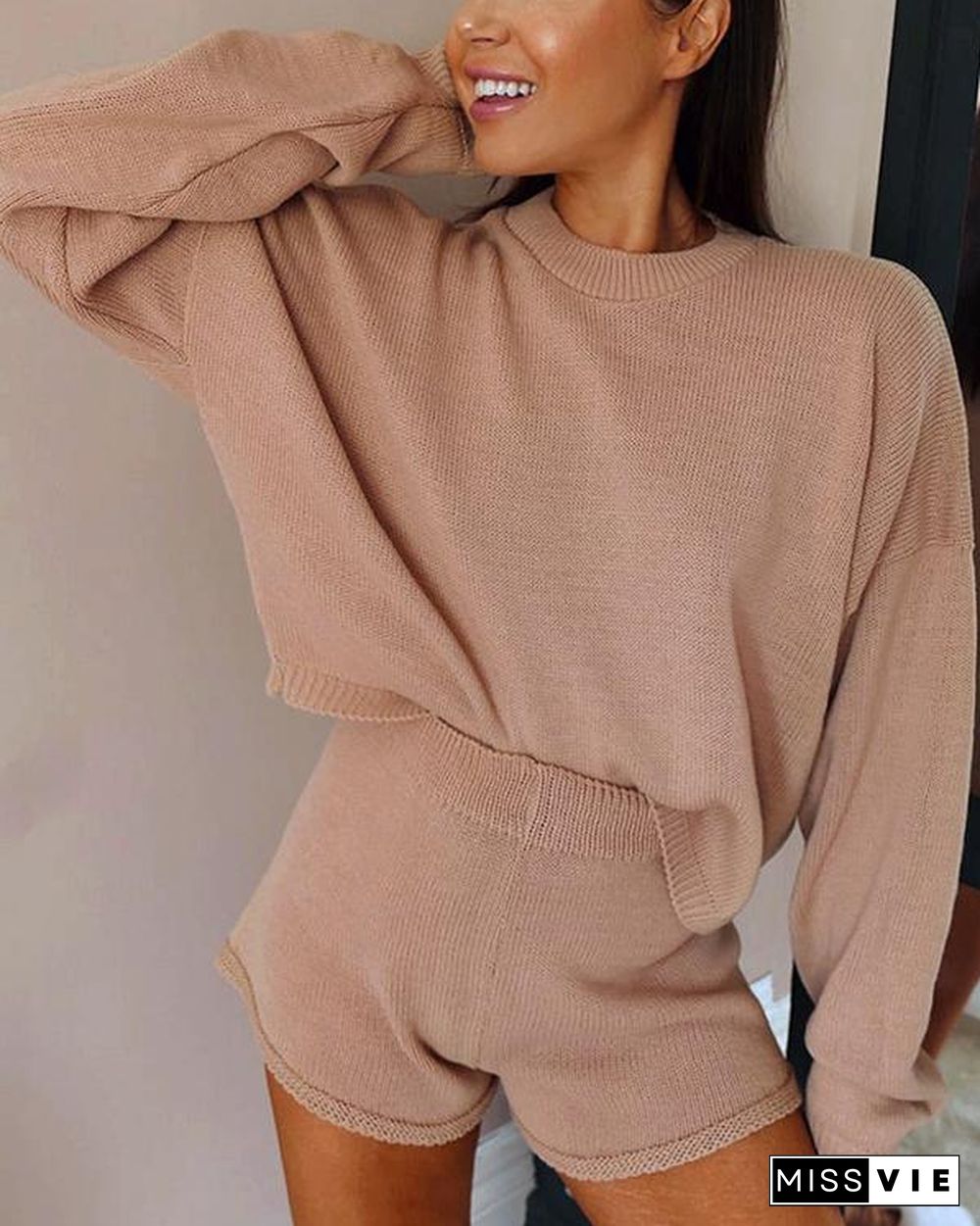 Casual Loose Loungewear Solid Knit Top&Shorts Set