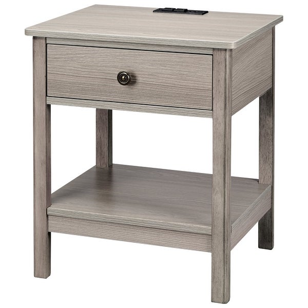 Traditional Rectangular End Table with AC Power and USB Charging Ports， Grey