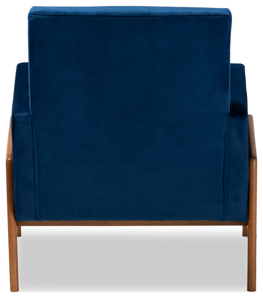 Yivi Mid Century Navy Blue Velvet Fabric and Walnut Brown Wood Lounge Chair   Midcentury   Armchairs And Accent Chairs   by Baxton Studio  Houzz