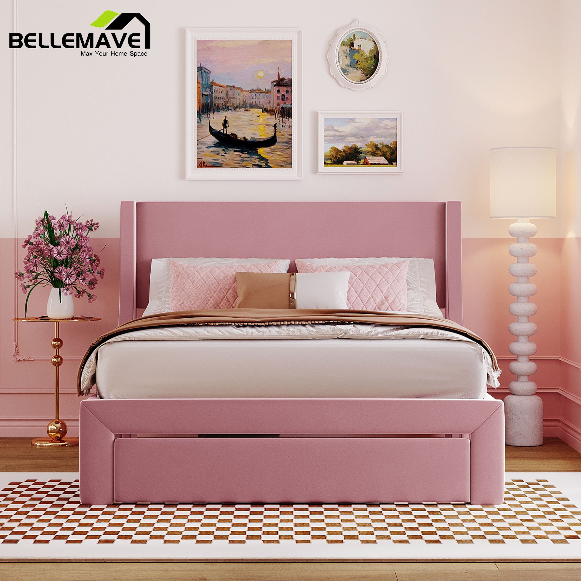 Bellemave Full Size Pink Velvet Upholstered Platform Bed with One Spacious Drawer and Wood Slats, Wood Frame Full Size Paltform Bed for Kids Teen Adults