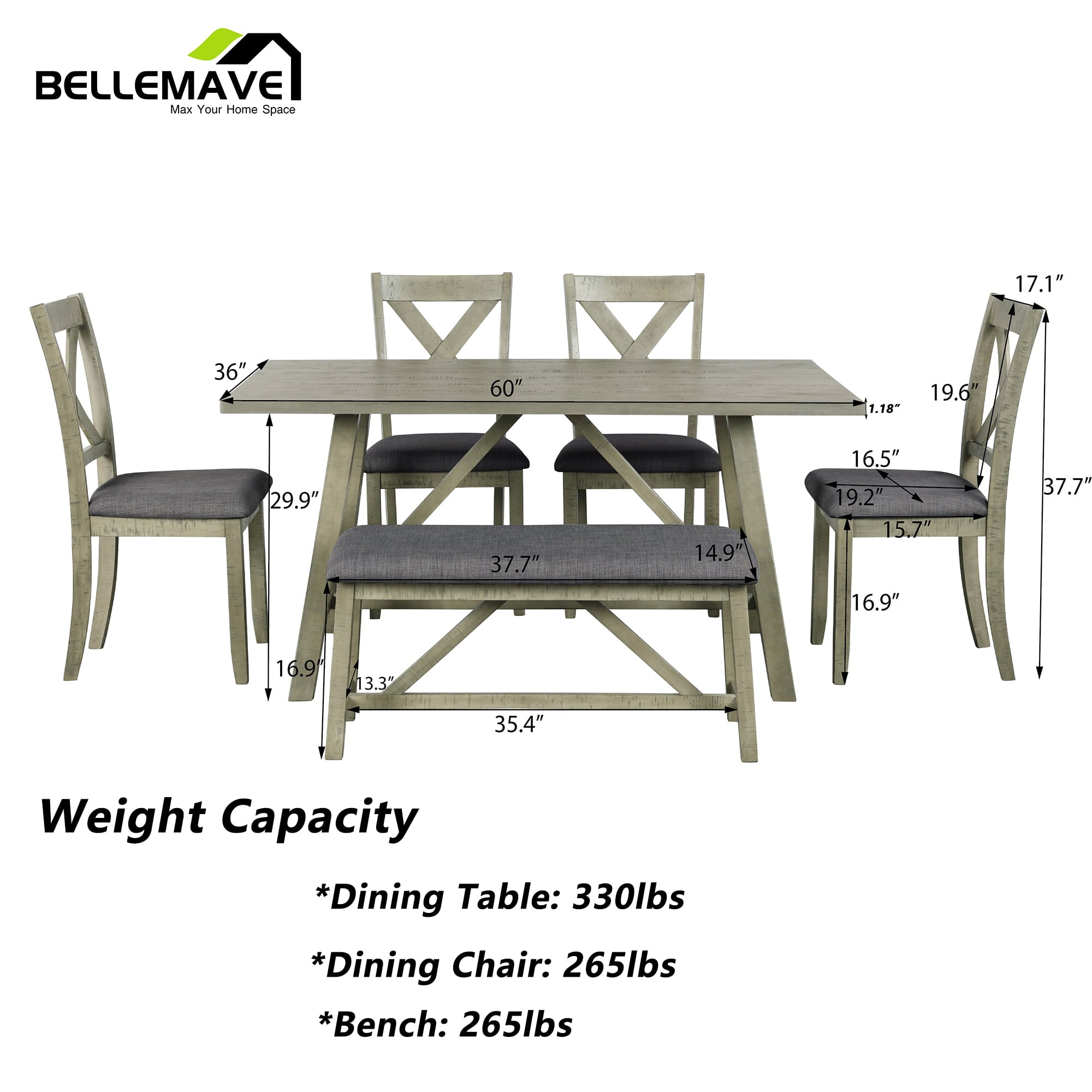 Bellemave Modern 6 Piece Dining Table Set, Wood Counter Height Dining Table with 4 Chairs and a Bench, Kitchen Table Set for 6 Persons, Green