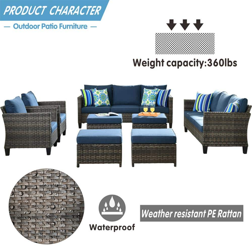 OVIOS New Vultros Gray 8-Piece Wicker Outdoor Patio Conversation Seating Set with Blue Cushions GRS3024