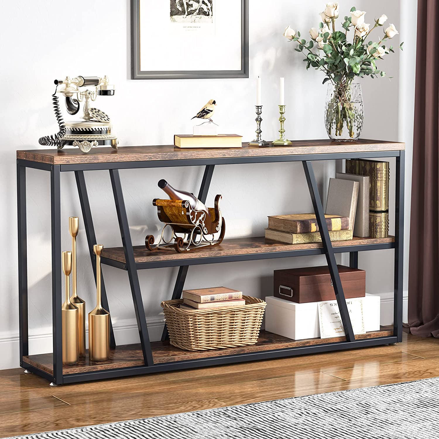 3-Tier Console Table, Industrial Sofa Entryway Table with Open Shelves