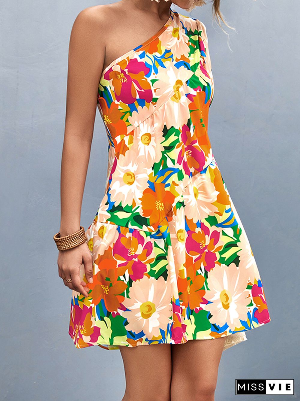 A-Line Bishop Sleeve Flower Print Split-Joint One-Shoulder Mini Dresses