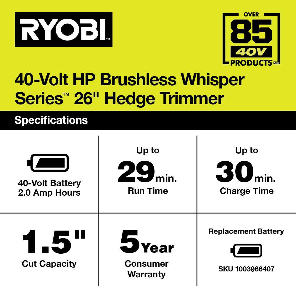 RYOBI 40V HP Brushless Whisper Series 26 in. Cordless Battery Hedge Trimmer with 2.0 Ah Battery and Charger RY40660