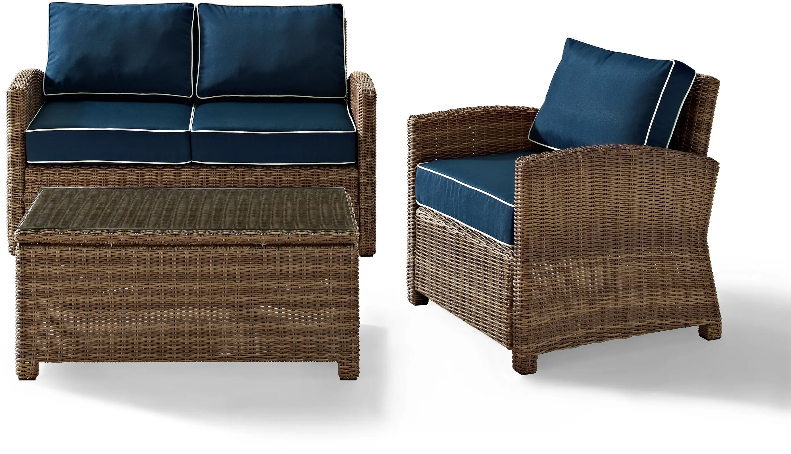 Bradenton Navy and Wicker 3 pc Loveseat， Armchair， and Table Set