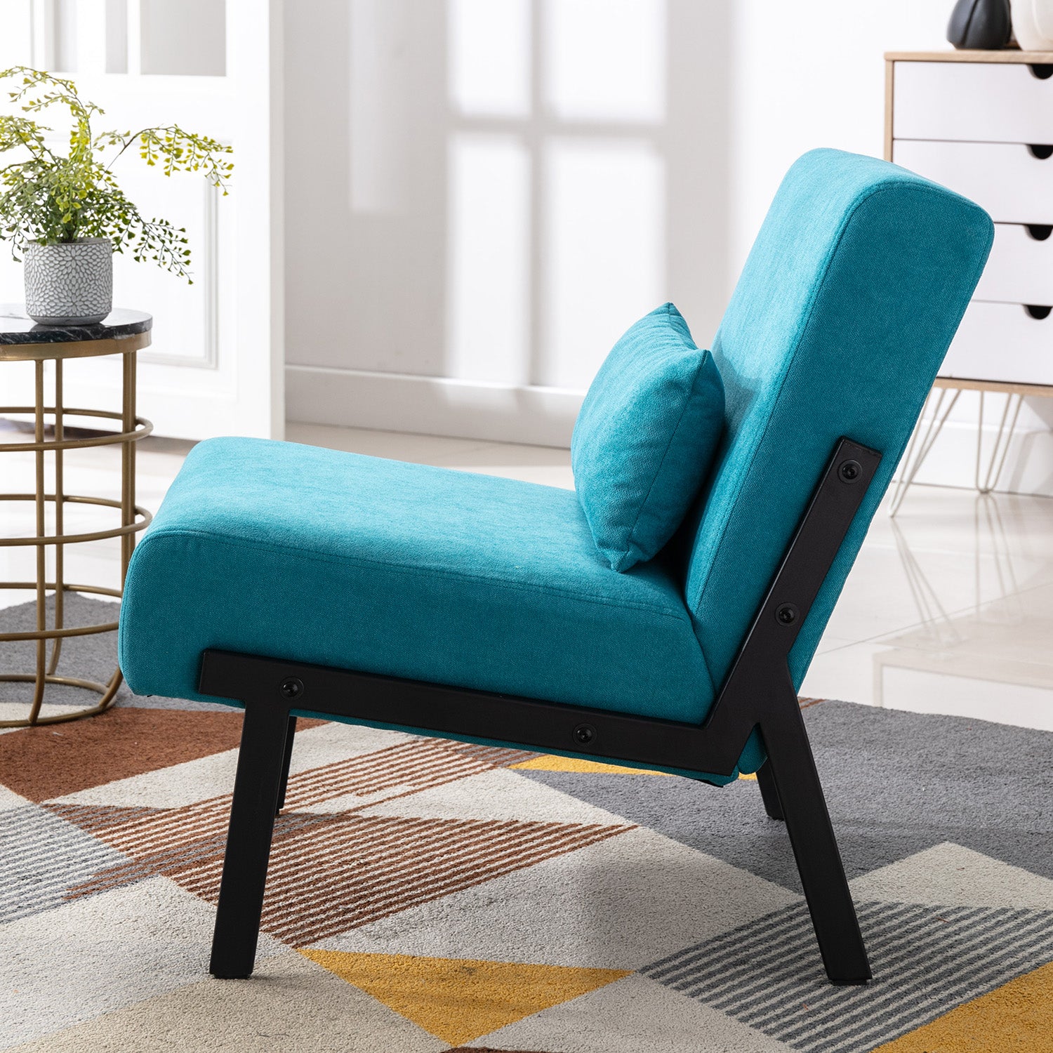 Fabric Accent Chair Fabric Sofa Chair Metal Tapered Leg Modern Comfy Decorative Livingroom Single Sofa Club Leisure Sofa Upholstered Sofa Chairs with Pillow & Metal Feet, Peacock Blue