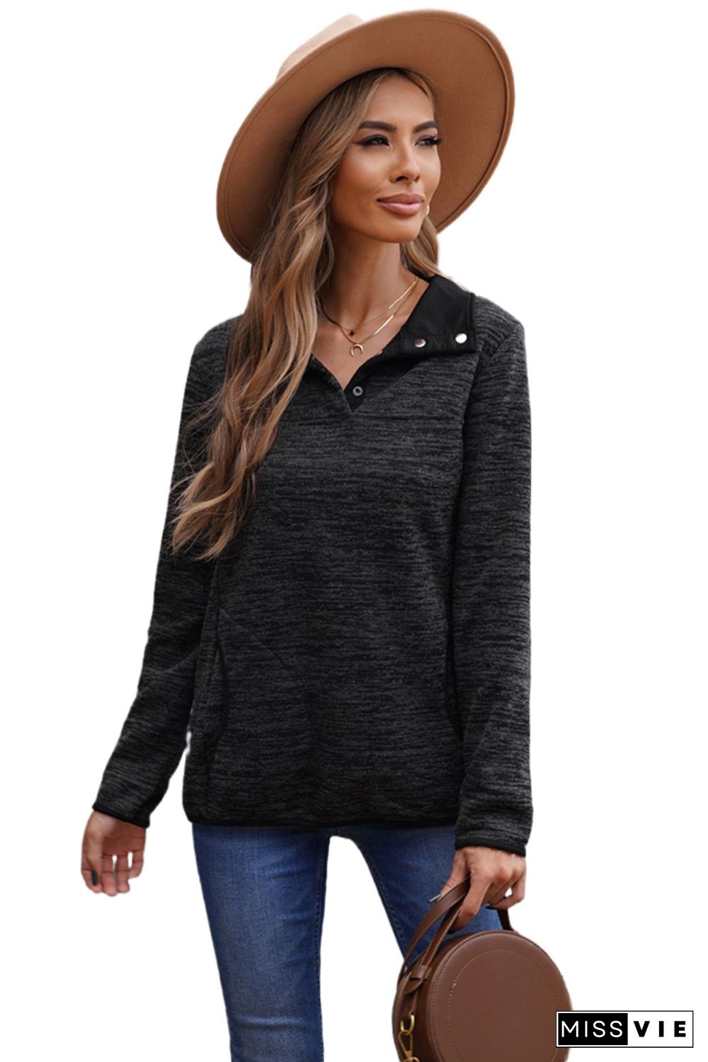 Black Heathered Turn-down Collar Pullover Sweatshirt