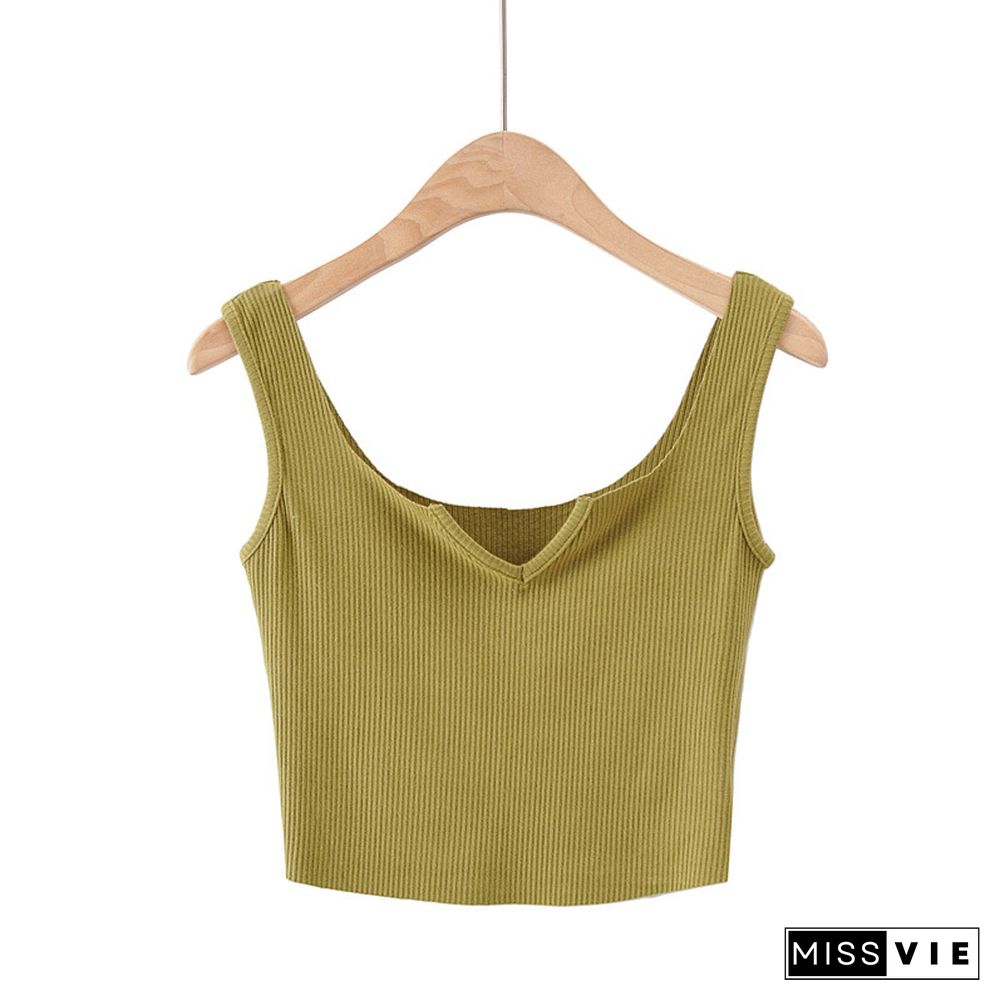 Vintage Candy Color Ribbed Knitted Camis Women Casual V Cut-Out Slim Fit Tank Top Summer Street Style Green Crop Top