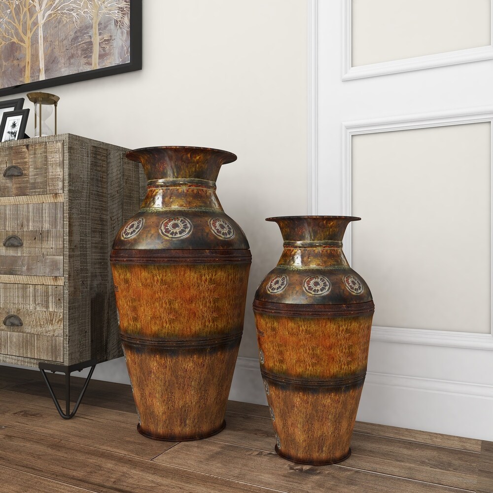 Brown Metal Indoor Outdoor Large Vase with Floral Relief (Set of 2)