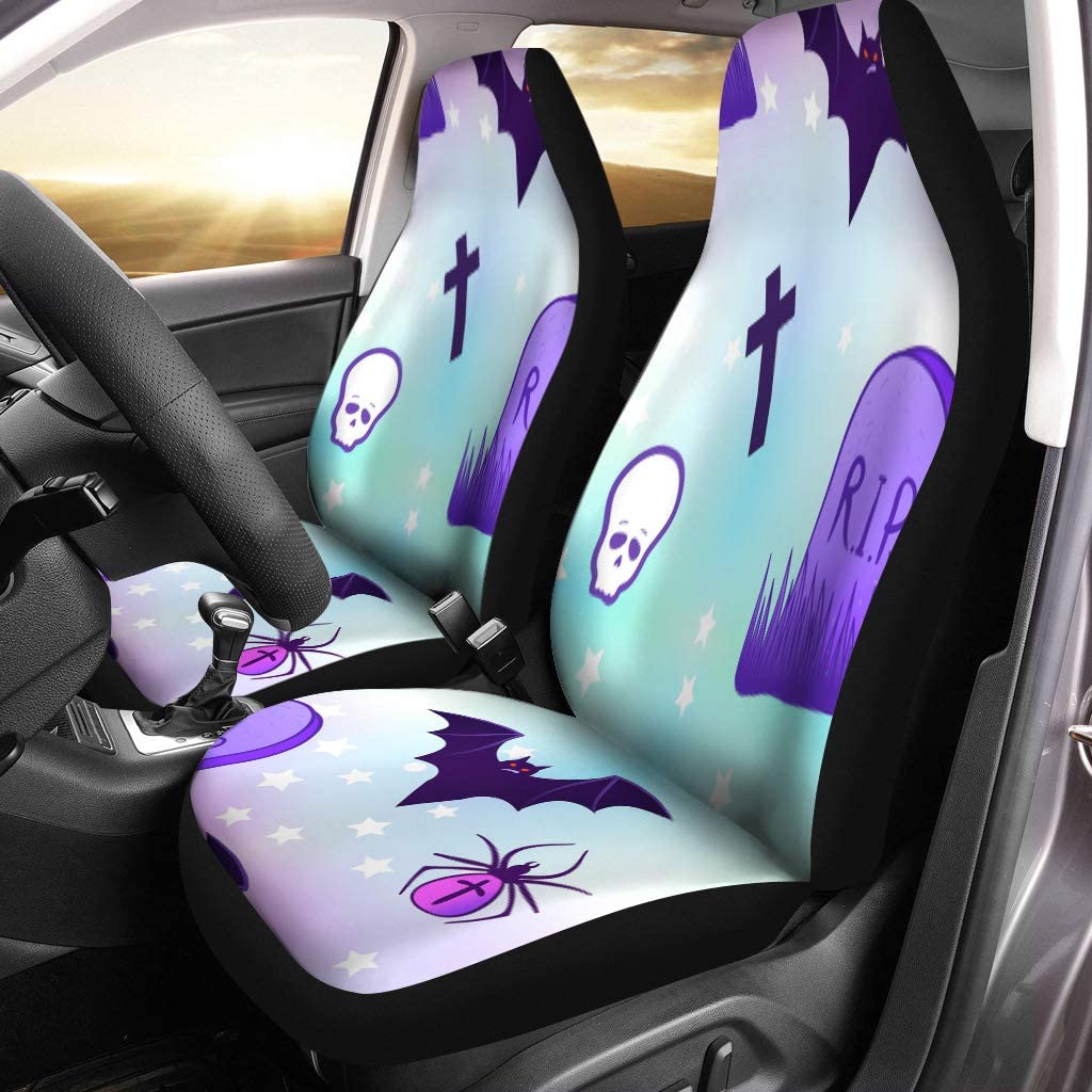 FMSHPON Set of 2 Car Seat Covers Kawaii Funny Spooky Halloween in Neon Pastel Colors Cute Universal Auto Front Seats Protector Fits for Car，SUV Sedan，Truck