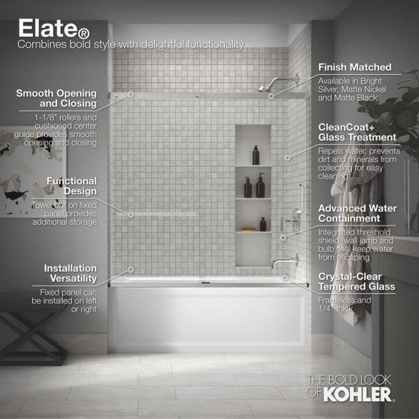 KOHLER Elate 59.625 in. W x 56.75 in. H Sliding Frameless Tub Door in Anodized Matte Nickel with Crystal Clear Glass 707609-6L-MX