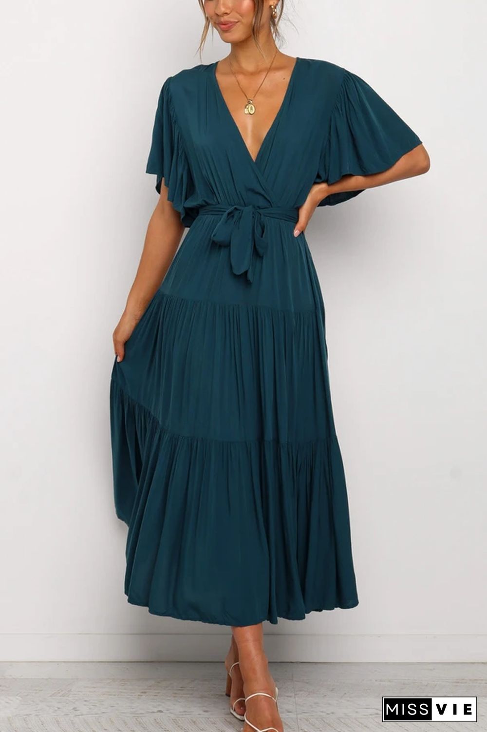 KarliDress Solid Ruffles Belted Maxi Dress P12790