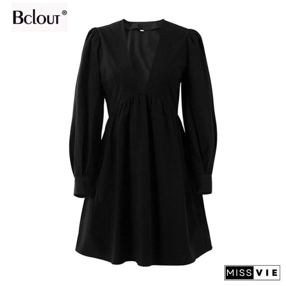 Bclout Casual Mini Fit and Flare Dress Women Puff Sleeve V Neck Black Party Dresses White Buttons Long Sleeve Autumn Vestido