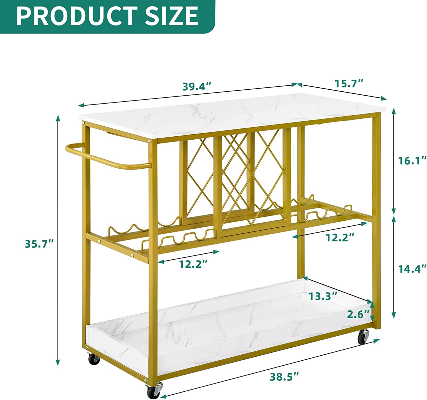 YITAHOME Wine Bar Cart， Home Bar Serving Carts with Wine Rack Glasses Holder， Kitchen Cart on Wheels for Living Room， Kitchen， Gold