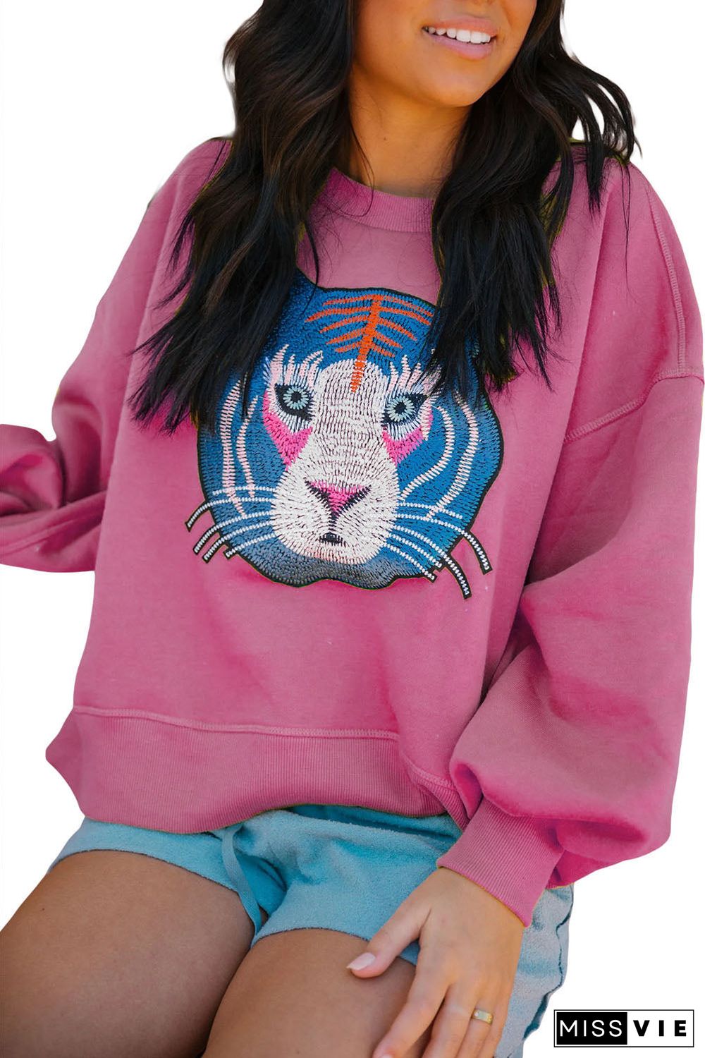 Rose Chic Tiger Embroidered Casual Sweatshirt