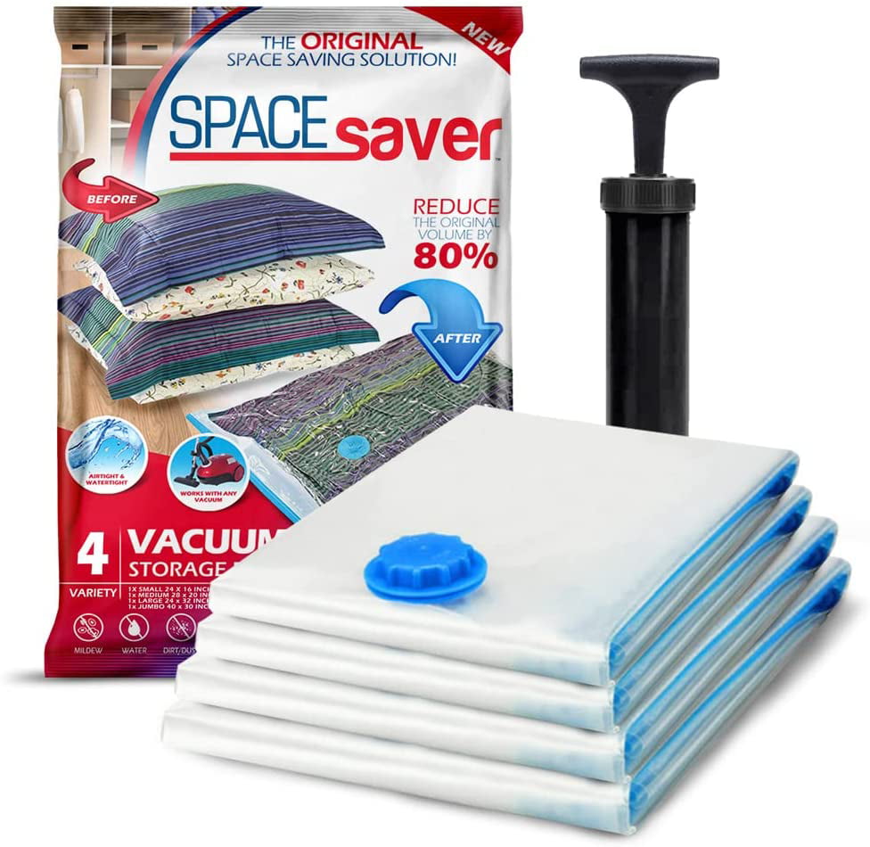 Spacesaver Premium Vacuum Storage Bags. 80% More Storage! Hand-Pump for Travel! Double-Zip Seal and Triple Seal Turbo-Valve for Max Space Saving! (Variety 4)