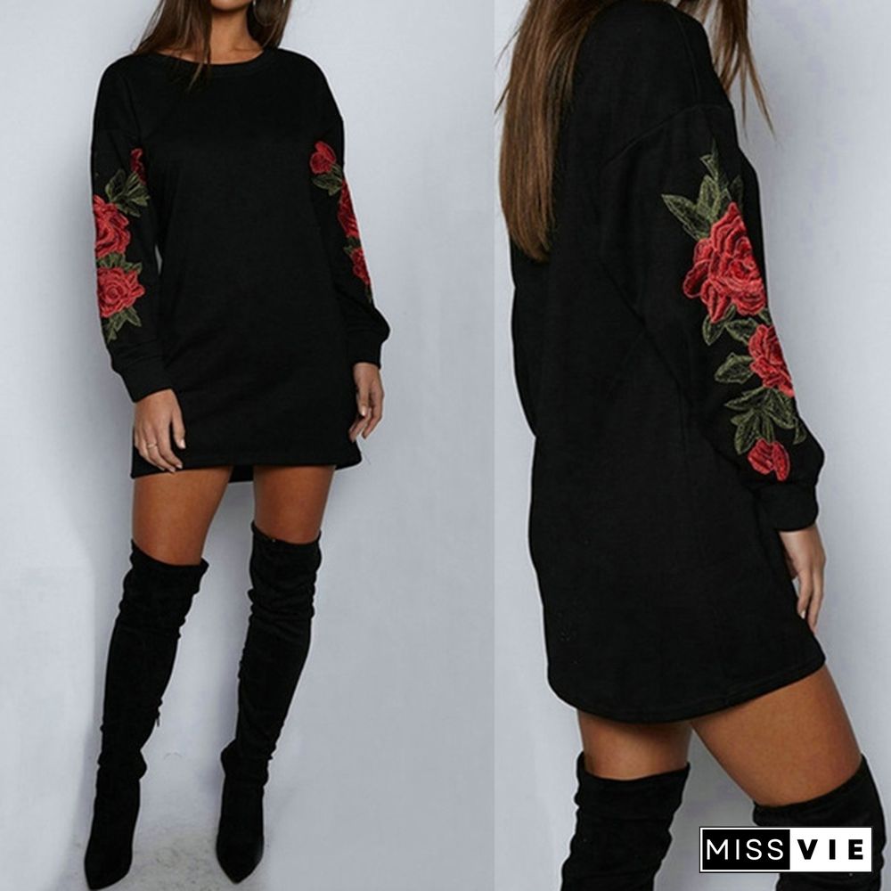 Women's Fashion Embroidery Long Sleeve Sweater Dress S-5XL