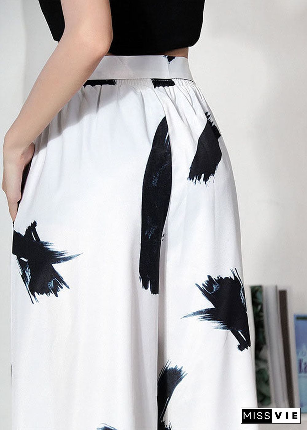 White Print Loose High Waist Tie Waist Summer Wide Leg Pants