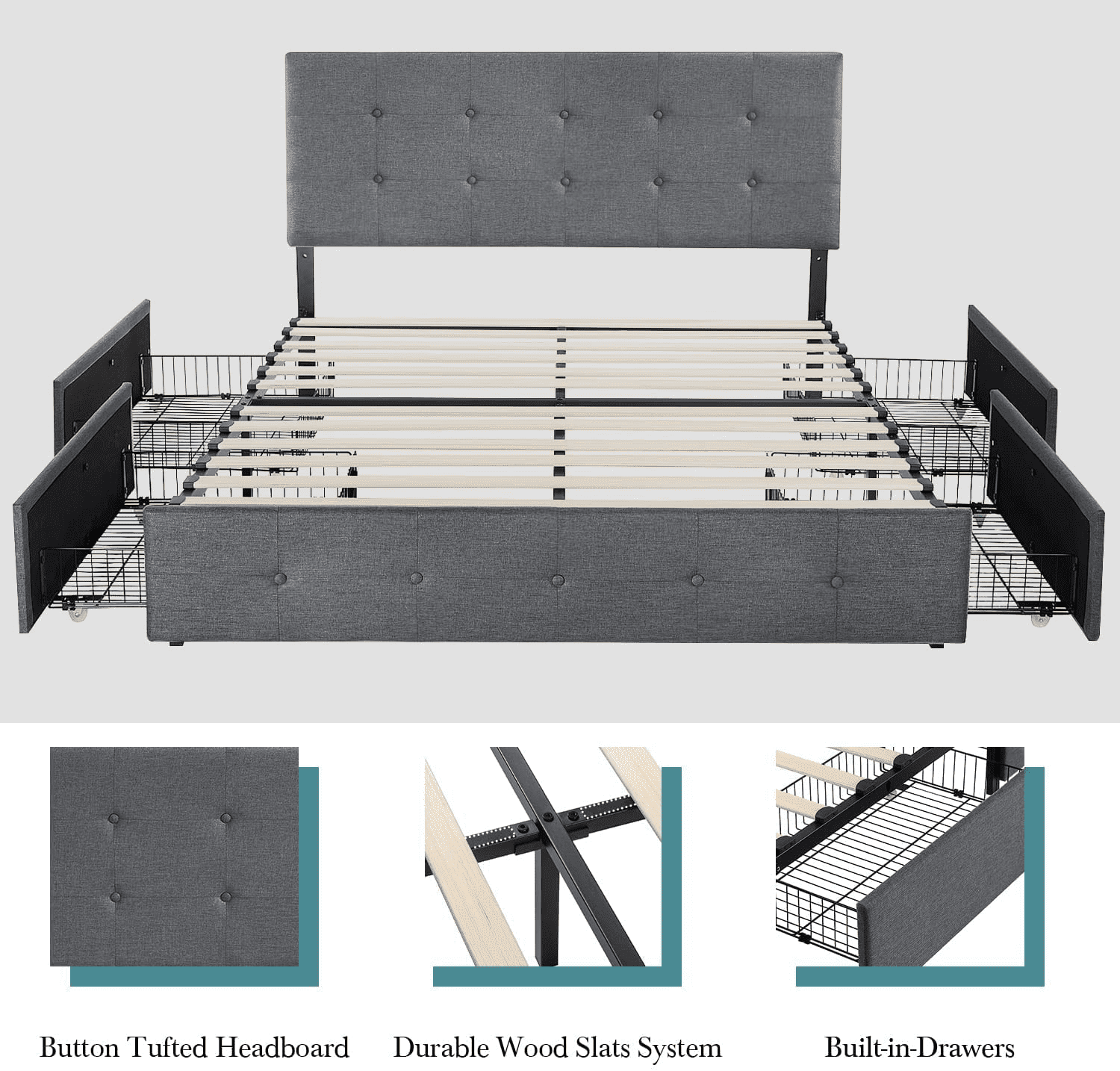 Einfach Queen Size Storage Bed Frame with 4 Big Drawers, Square Button Tufted Adjustable Headboard, Dark Grey