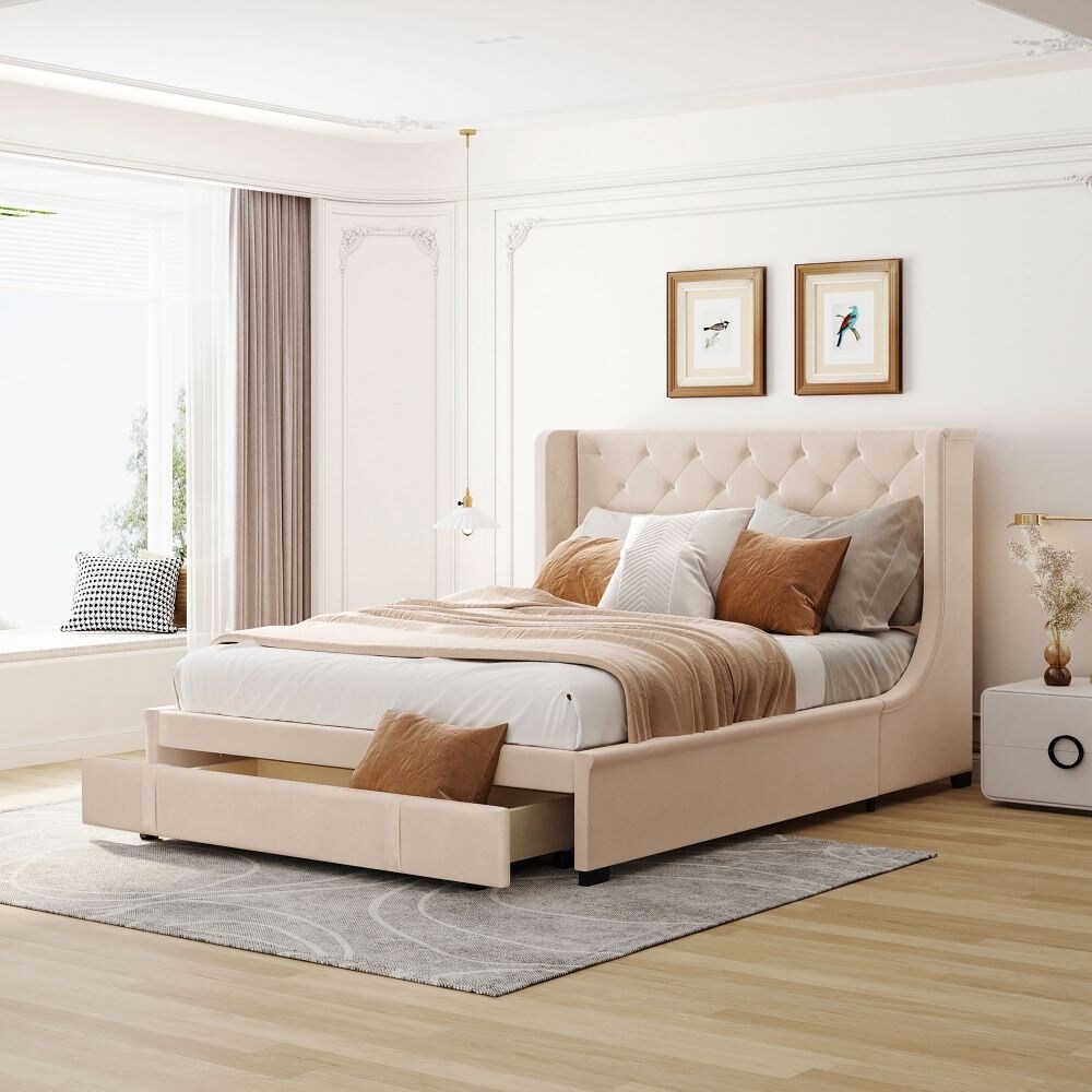 Queen Size Storage Bed Velvet Upholstered Platform Bed with Wingback Headboard and a Big Drawer