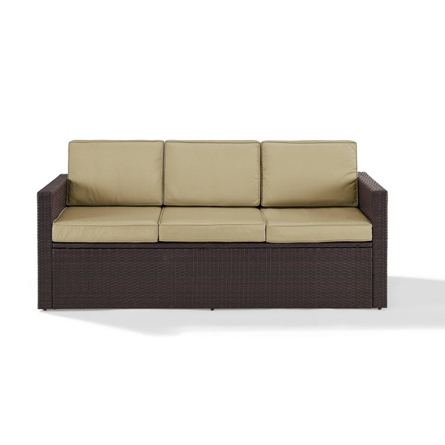 Palm Harbor Outdoor Wicker Sofa In Brown With Sand Cushions Crosley