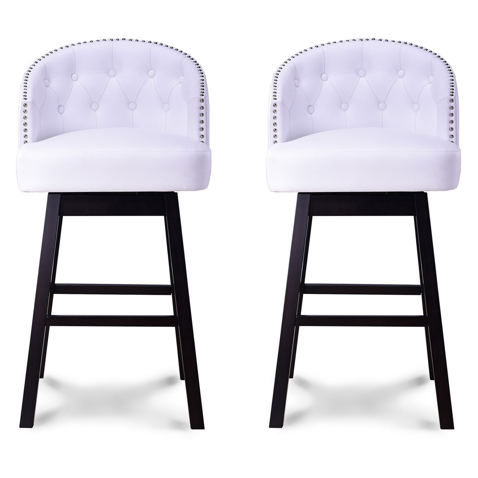 Avril Modern and Contemporary White Faux Leather Tufted Swivel Barstools with Nailhead Trim， Set of 2