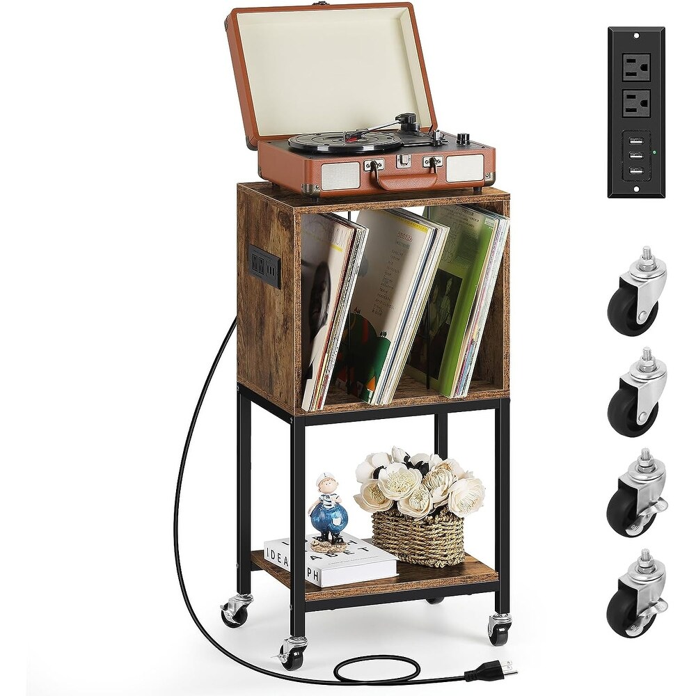 3 Tier Vinyl Record Storage Cabinet with Charging Station