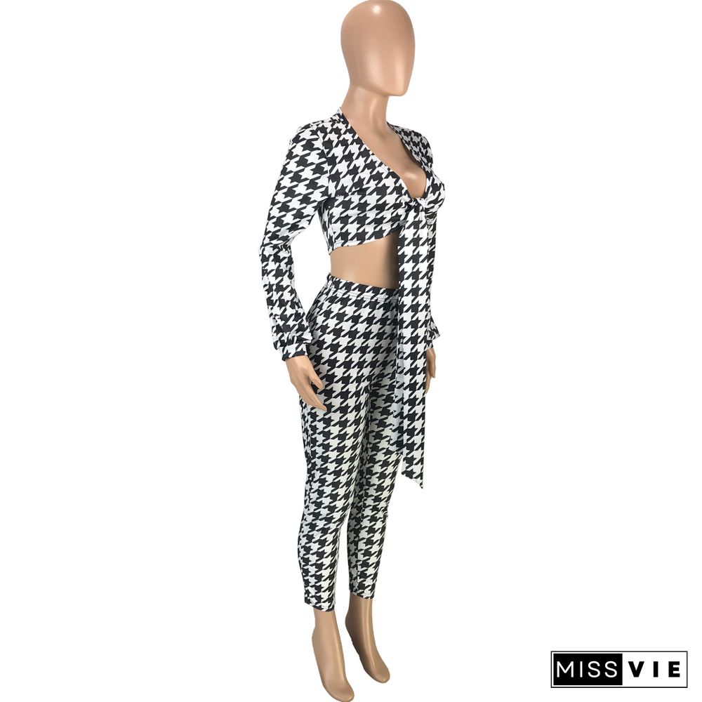 Houndstooth Print Bandage Crop Top Pants Set